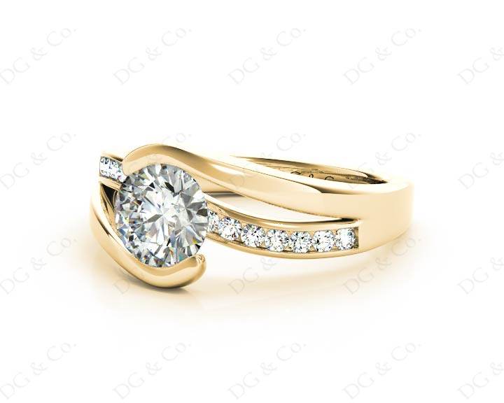 Round Cut Cross Over Ring Half Bezel Set Diamond Engagement Ring with Channel Set Side Stones - 18K Yellow - DG & Co. Jewellery