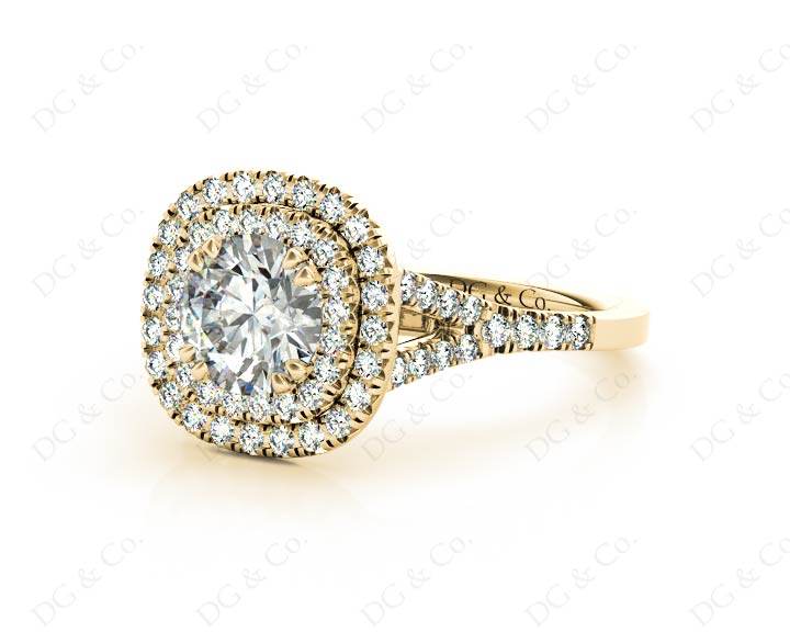 Round Cut Split Shank Diamond Engagement Ring with Double Halo and Pave Set Side Stones in 18K Yellow - DG & Co. Jewellery