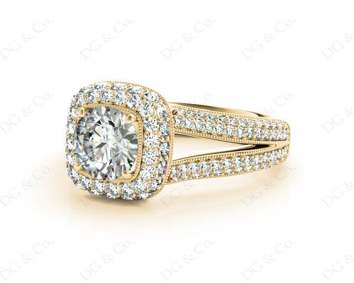 Round Cut Split Shank Milgrain Halo Engagement Ring with Micro Pave Set Diamonds on the Halo and sidestones in 18K Yellow - DG & Co. Jewellery