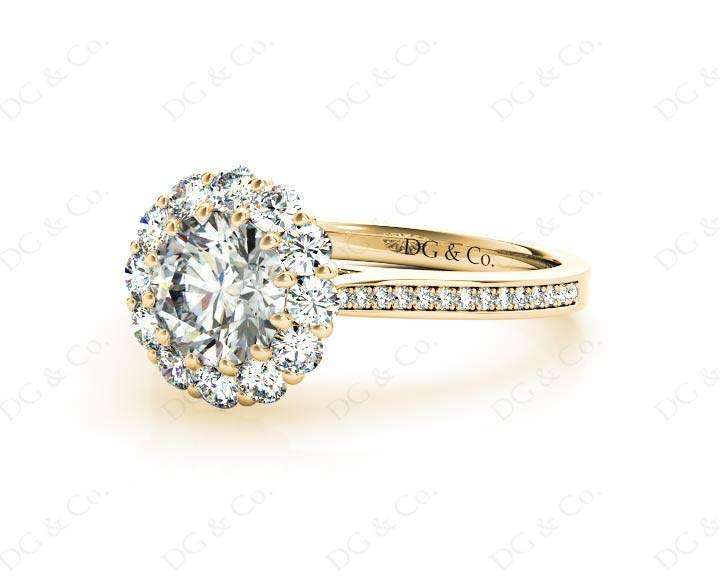 Round Cut Flower Halo Diamond Ring with a Claw Set Halo and Pave Set Side Stones - 18K Yellow - DG & Co. Jewellery