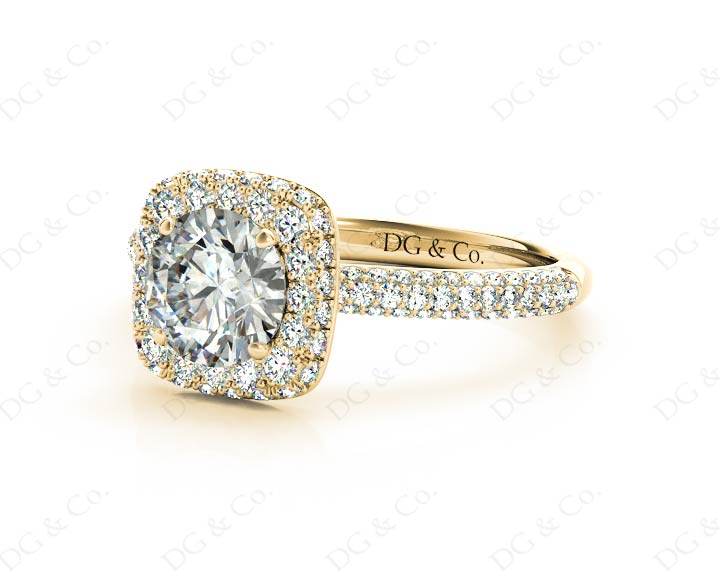 Round Cut Diamond Ring with Micro Pave Set Diamonds on Halo and Down the Shoulders - 18K Yellow - DG & Co. Jewellery