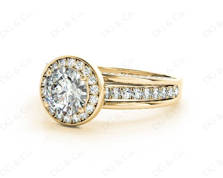 Triple Band Round Cut Diamond Halo Engagement Ring with Pave Set Side Stones and Halo in 18K Yellow - DG & Co. Jewellery