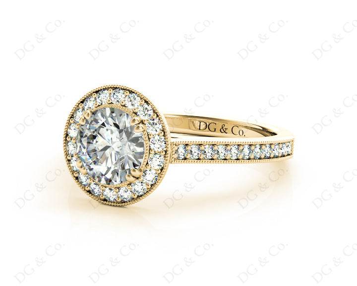 Halo Diamond Engagement Ring Round Cut with Claw Set Centre Stone Miligrain Share Prong Side Stones - 18K Yellow - DG & Co. Jewellery