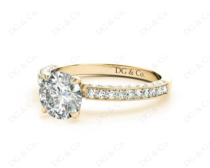 Round Cut Four Claws Side Stone Engagement Ring with Milgrain Set Side Stones in 18K Yellow - DG & Co. Jewellery