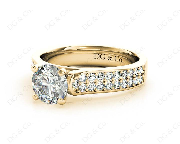 Round Cut Four Claws V Set Diamond Ring with Pave Set Side stones in 18K Yellow - DG & Co. Jewellery