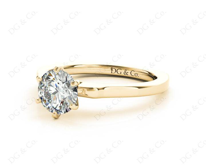 Round Cut Classic Six Claws Diamond Solitaire Ring with Square Edge Shoulders - 18K Yellow - DG & Co. Jewellery