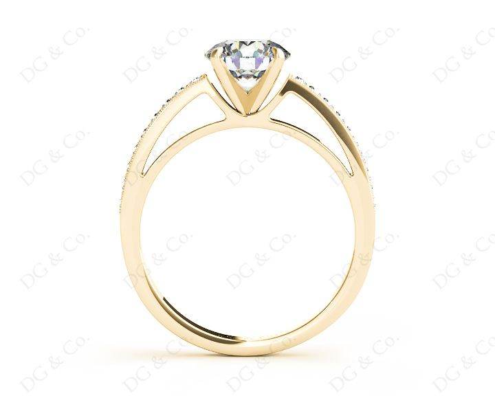 Round Cut Four Claws V Set Diamond Ring with Grain Set Side Stones in 18K Yellow - DG & Co. Jewellery