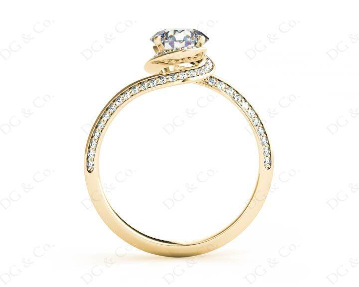 Round Cut Twist band claw set diamond with grain set side stone in 18K Yellow - DG & Co. Jewellery