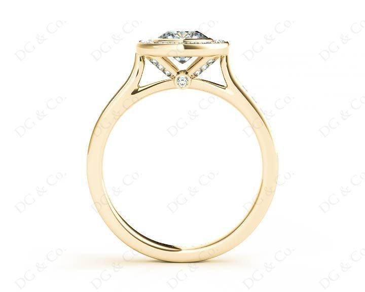 Cushion Cut Halo Ring with Bezel set centre stone with Side Stones - 18K Yellow - DG & Co. Jewellery