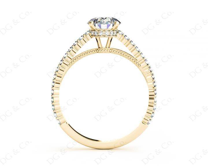 Round Cut Four Claw Set Diamond Ring with Side Halo and Round Cut Diamonds Claw Set on the Band - 18K Yellow - DG & Co. Jewellery
