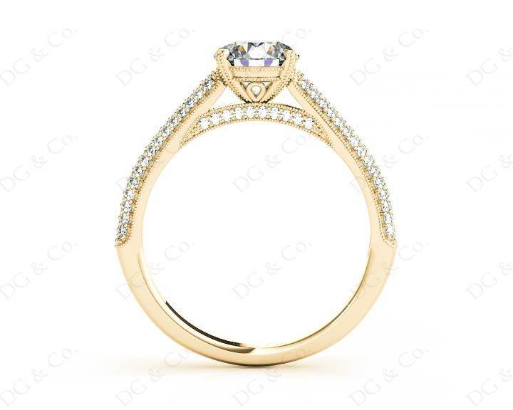 Vintage Style Round Cut Four Claw Set Diamond Ring with Micro Pave Set Stones Down the Shoulders - 18K Yellow - DG & Co. Jewellery