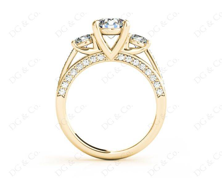 Three Stone Diamond Engagement Ring Round Cut with a Channel Share Prong Shoulder Setting - 18K Yellow - DG & Co. Jewellery