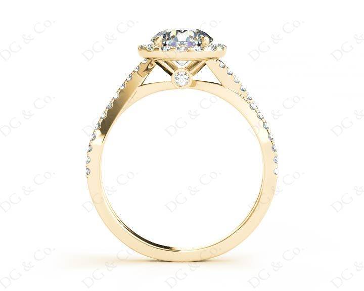 Round Cut Split Shank Diamond Halo Engagement Ring with Pave Set Side Stones Down the Band in 18K Yellow - DG & Co. Jewellery