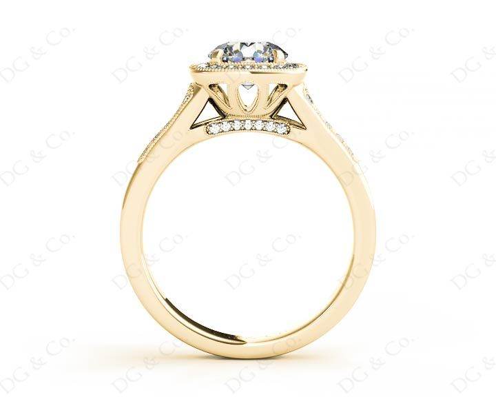 Vintage Style Round Cut Split Shank Milgrain Halo Set Engagement Ring with Channel Set Side Stones in 18K Yellow - DG & Co. Jewellery