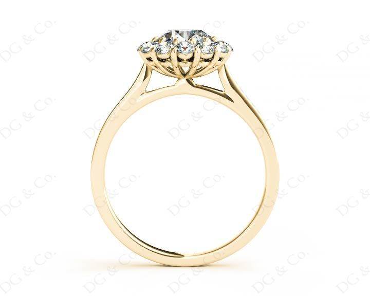 Round Cut Flower Halo Diamond Ring with a Claw Set Halo and Pave Set Side Stones - 18K Yellow - DG & Co. Jewellery