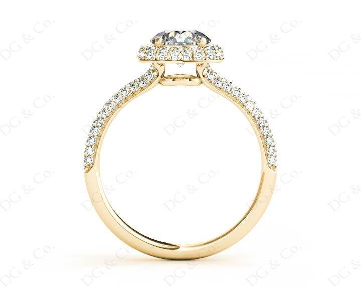 Round Cut Diamond Ring with Micro Pave Set Diamonds on Halo and Down the Shoulders - 18K Yellow - DG & Co. Jewellery