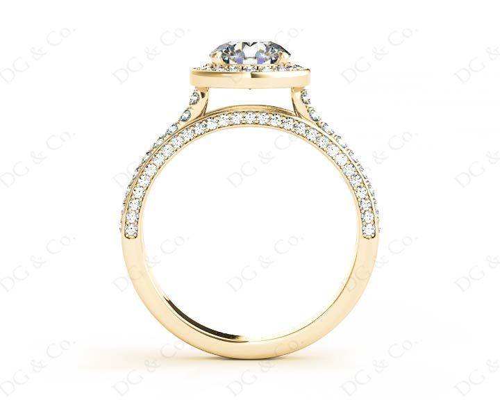 Triple Band Round Cut Diamond Halo Engagement Ring with Pave Set Side Stones and Halo in 18K Yellow - DG & Co. Jewellery