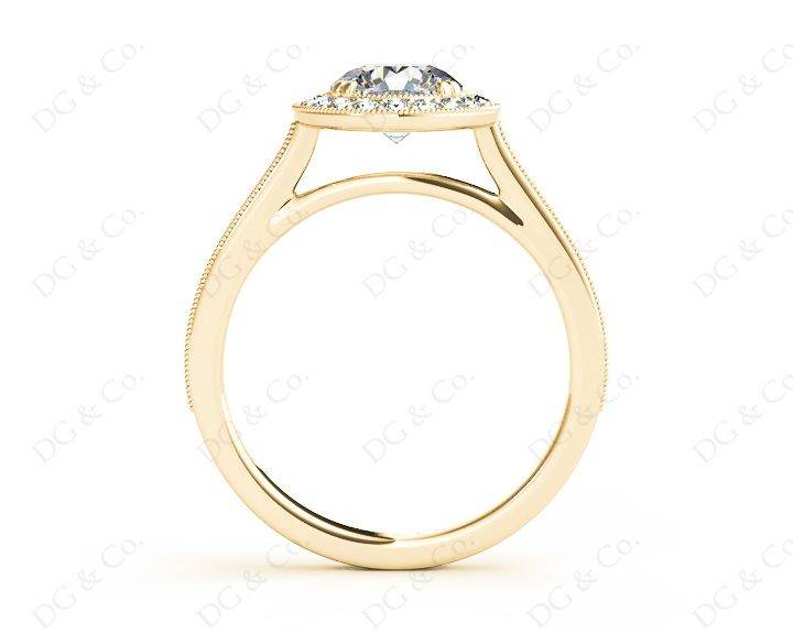Halo Diamond Engagement Ring Round Cut with Claw Set Centre Stone Miligrain Share Prong Side Stones - 18K Yellow - DG & Co. Jewellery