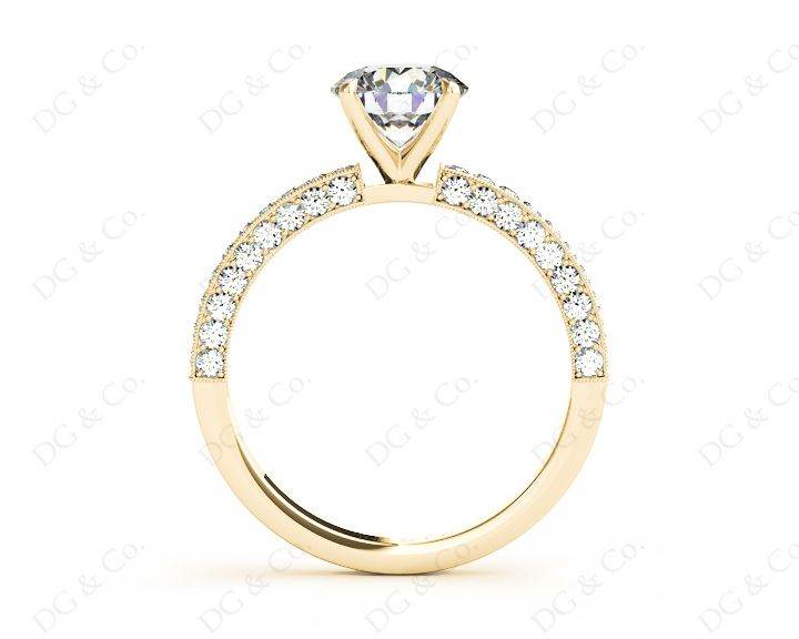 Round Cut Four Claws Side Stone Engagement Ring with Milgrain Set Side Stones in 18K Yellow - DG & Co. Jewellery