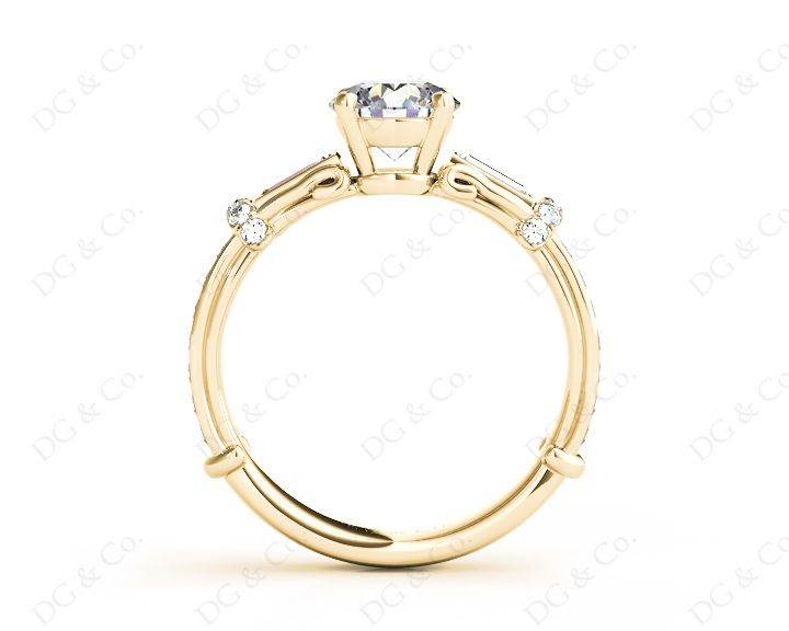 Round Cut Vintage Style Three Stone Engagement Ring with Tapered Baguette Bezel Set and Pave Set Side Stones- in 18K Yellow - DG & Co. Jewellery