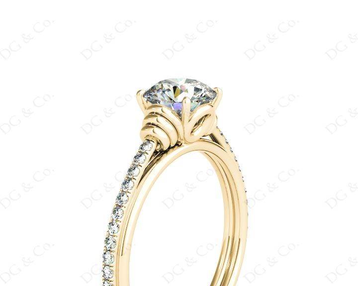 Round Cut Four Claw Set Diamond Ring with Pave Set Diamonds on the Band - 18K Yellow - DG & Co. Jewellery
