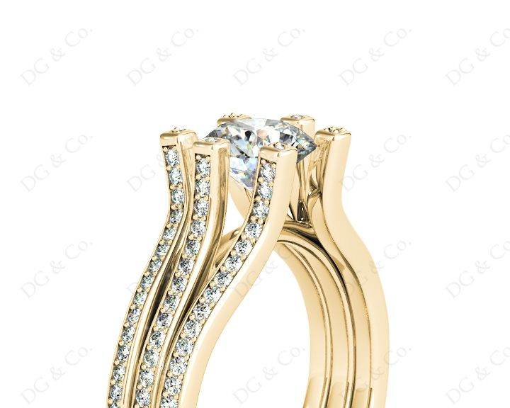 Round Cut Six Claws Diamond Signature Ring with Channel set Down in the Shoulders in 18K Yellow - DG & Co. Jewellery