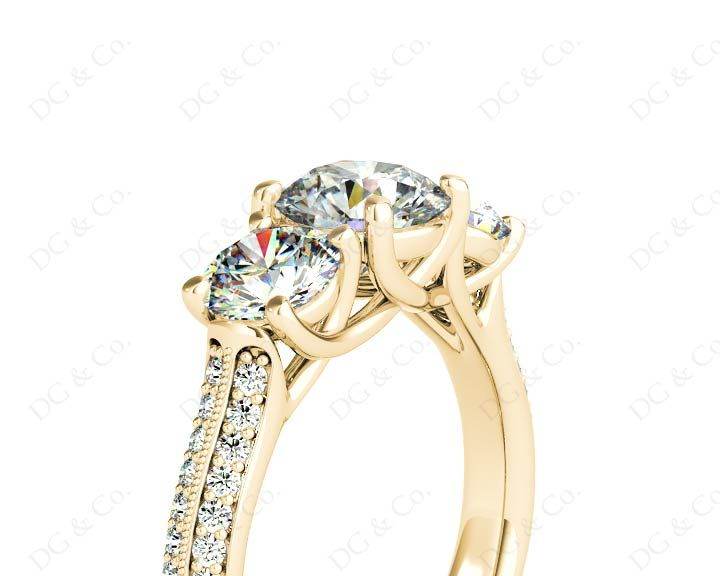 Round Cut Trilogy Diamond Engagement ring with claw set center stone - 18K Yellow - DG & Co. Jewellery