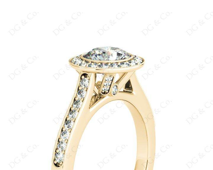Round Cut Halo Diamond Engagement Ring with Bezel Milgrain Set Centre stone - 18K Yellow - DG & Co. Jewellery