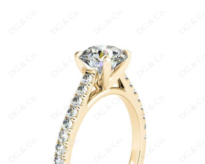 Round Cut Four Claws Diamond Ring with Pave Set Side Stones - 18K Yellow - DG & Co. Jewellery