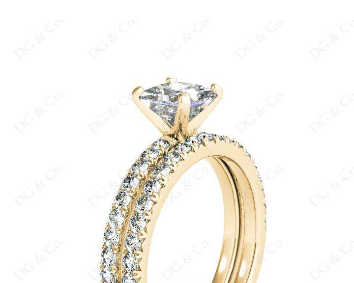 Princess cut diamond wedding set rings four claws setting With Pave Setting Side Stones - 18K Yellow - DG & Co. Jewellery