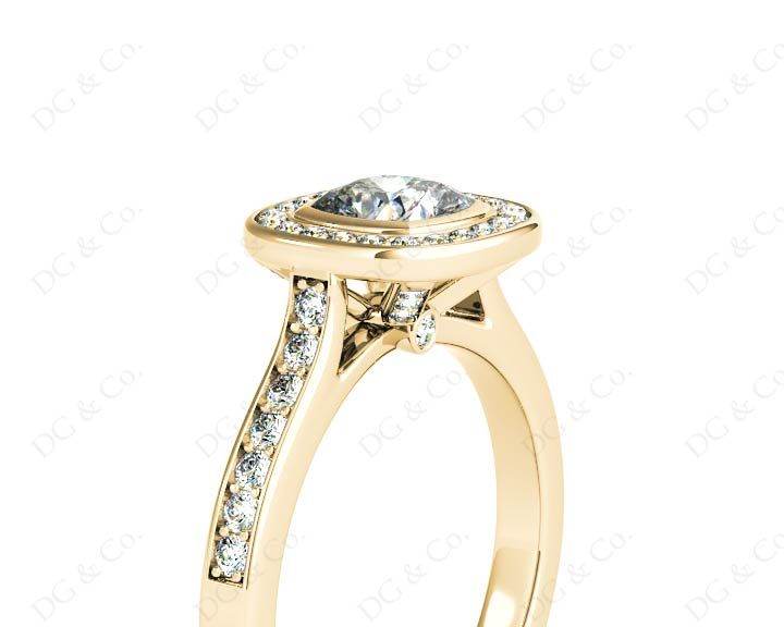 Cushion Cut Halo Ring with Bezel set centre stone with Side Stones - 18K Yellow - DG & Co. Jewellery