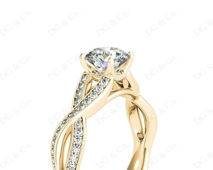 Twist Band Round Cut Four Claw Set Diamond Ring with Pave Set Stones Down the Shoulders - 18K Yellow - DG & Co. Jewellery