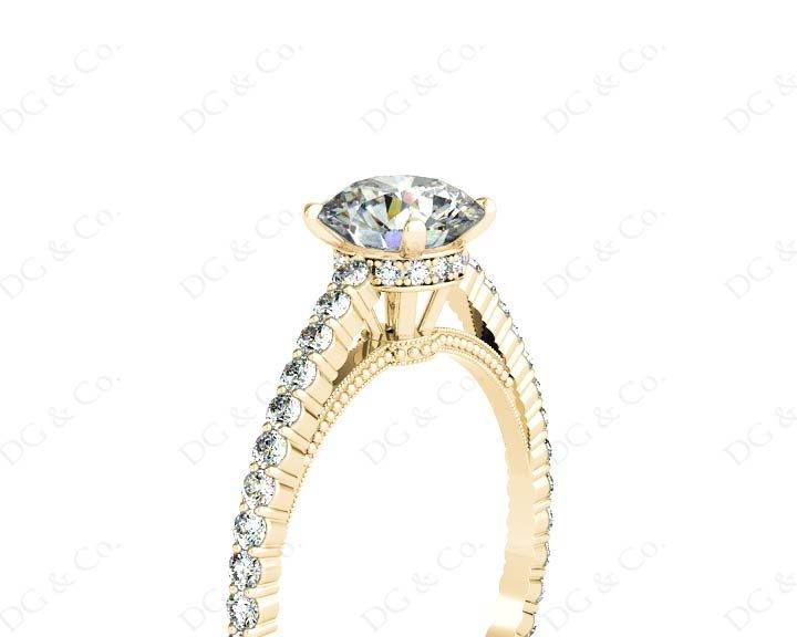 Round Cut Four Claw Set Diamond Ring with Side Halo and Round Cut Diamonds Claw Set on the Band - 18K Yellow - DG & Co. Jewellery