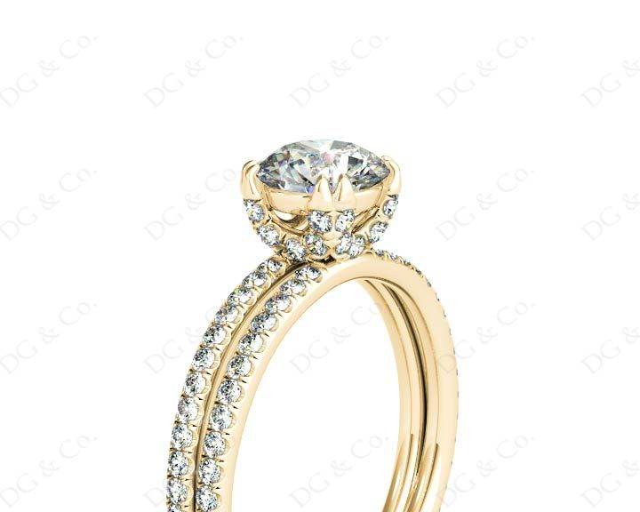 Round Cut Four Double Claw Set Diamond Ring with Pave Set Diamonds Down The Shoulders in 18K Yellow - DG & Co. Jewellery
