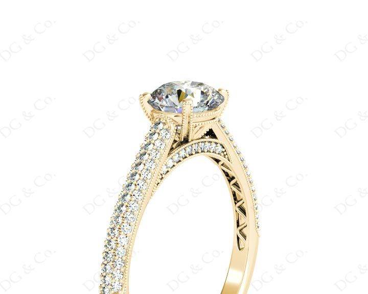 Vintage Style Round Cut Four Claw Set Diamond Ring with Micro Pave Set Stones Down the Shoulders - 18K Yellow - DG & Co. Jewellery