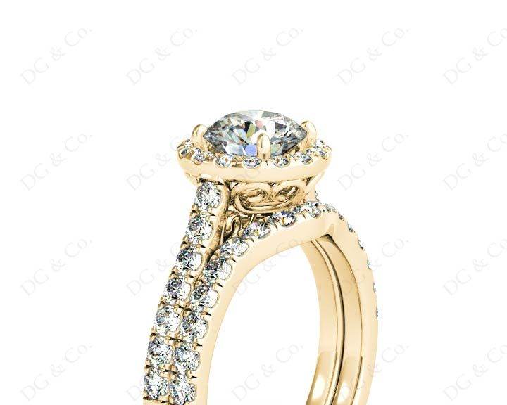 Art Deco Halo Diamond Wedding Set Rings Round Cut with Four Claws Setting Centre Stone Pave Setting Side Stones in 18K Yellow Gold - DG & Co. Jewellery