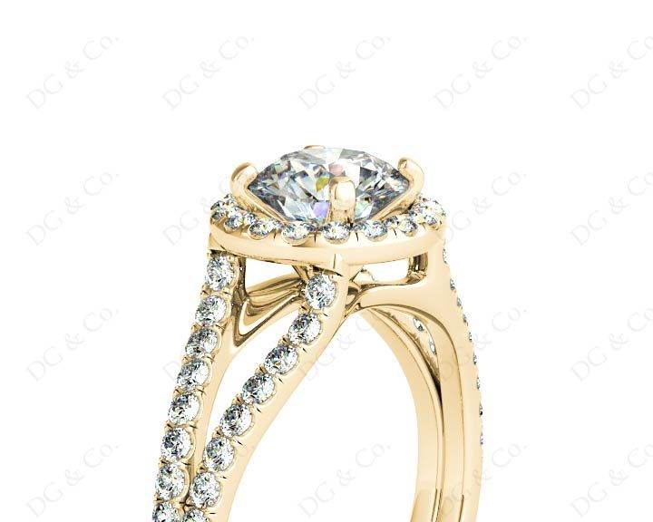 Split Band Round Cut Halo Diamond Engagement ring with claw set centre stone in 18K Yellow - DG & Co. Jewellery