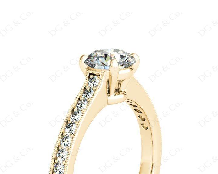 Round Cut Four Claw Set Milgrain Diamond Engagement Ring With Pave Side Stones - 18k Yellow - DG & Co. Jewellery