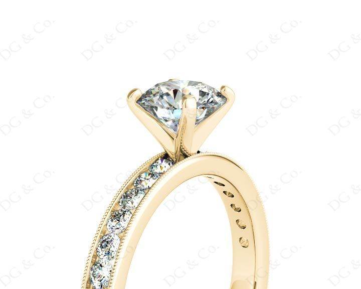 Round Cut Four Claw Set Diamond Ring with Channel Set Side Stones Down The Shoulders - 18k Yellow Gold - DG & Co. Jewellery