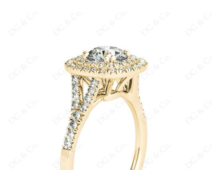 Round Cut Split Shank Diamond Engagement Ring with Double Halo and Pave Set Side Stones in 18K Yellow - DG & Co. Jewellery