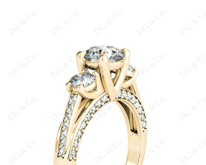 Three Stone Diamond Engagement Ring Round Cut with a Channel Share Prong Shoulder Setting - 18K Yellow - DG & Co. Jewellery