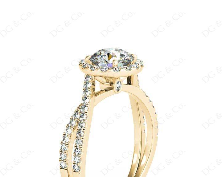 Round Cut Split Shank Diamond Halo Engagement Ring with Pave Set Side Stones Down the Band in 18K Yellow - DG & Co. Jewellery