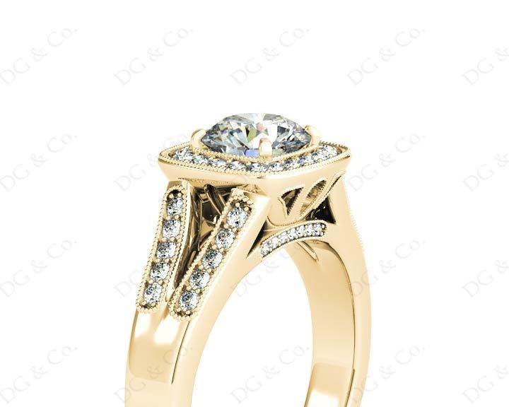 Vintage Style Round Cut Split Shank Milgrain Halo Set Engagement Ring with Channel Set Side Stones in 18K Yellow - DG & Co. Jewellery