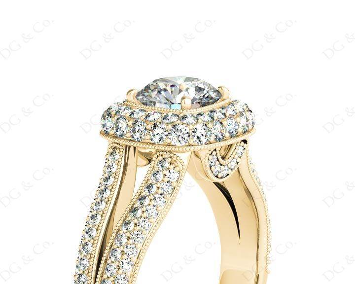 Round Cut Split Shank Milgrain Halo Engagement Ring with Micro Pave Set Diamonds on the Halo and sidestones in 18K Yellow - DG & Co. Jewellery