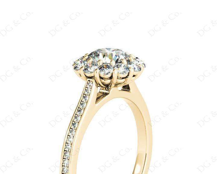Round Cut Flower Halo Diamond Ring with a Claw Set Halo and Pave Set Side Stones - 18K Yellow - DG & Co. Jewellery