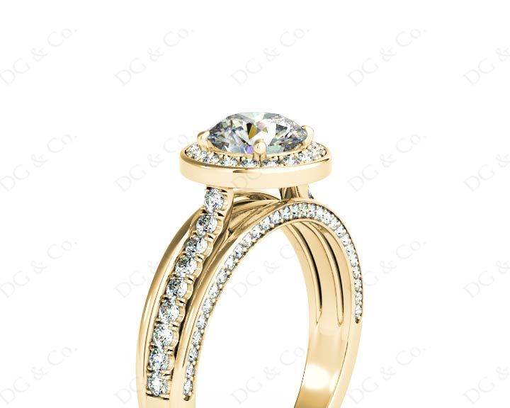 Triple Band Round Cut Diamond Halo Engagement Ring with Pave Set Side Stones and Halo in 18K Yellow - DG & Co. Jewellery
