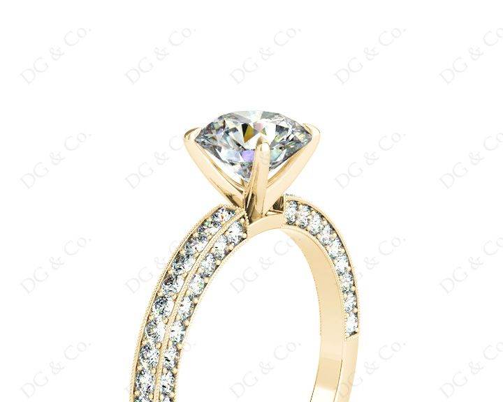 Round Cut Four Claws Side Stone Engagement Ring with Milgrain Set Side Stones in 18K Yellow - DG & Co. Jewellery