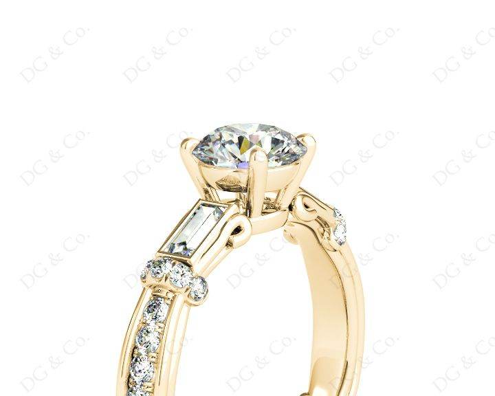 Round Cut Vintage Style Three Stone Engagement Ring with Tapered Baguette Bezel Set and Pave Set Side Stones- in 18K Yellow - DG & Co. Jewellery