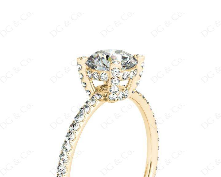 Round Cut Four Claw Set Diamond Ring with Scallop Set Round Cut Diamonds Pave Setting with two Side Halos and on the Band - 18K Yellow - DG & Co. Jewellery