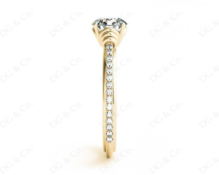 Round Cut Four Claw Set Diamond Ring with Pave Set Diamonds on the Band - 18K Yellow - DG & Co. Jewellery